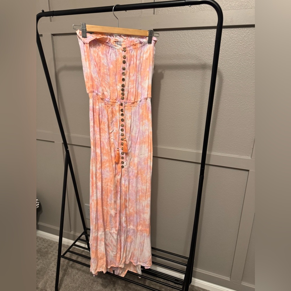 Tiare Hawaii Ryden Tie Dye Coconut Shell Orange Strapless Dress Size S
